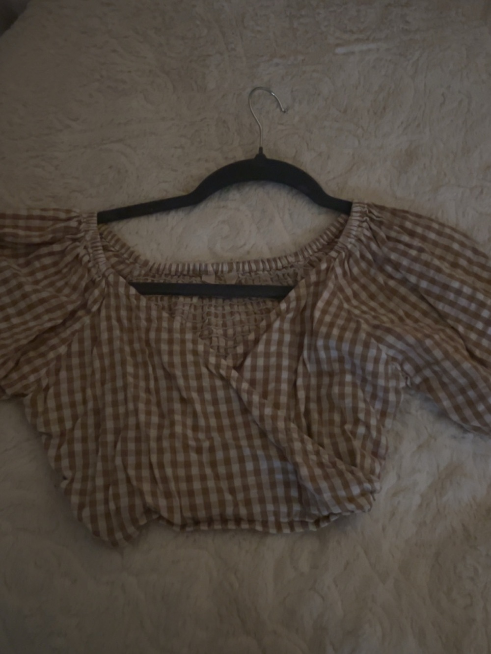 Women's Brown Gingham Off-Shoulder Crop Top